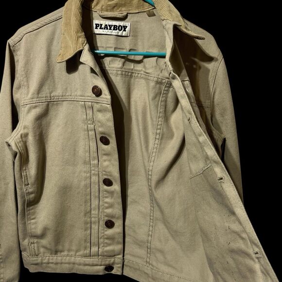 Playboy by Pacsun Men’s Beige Denim, Corduroy Collar Trucker Jacket  Size SMALL - Picture 5 of 12